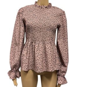 Andthewhy Smocked Cheetah Animal Print Long Sleeve Smocked Peplum Blouse Large